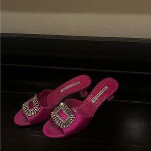 Manolo Blahnik Fuchsia Satin Mules with Crystal Buckle